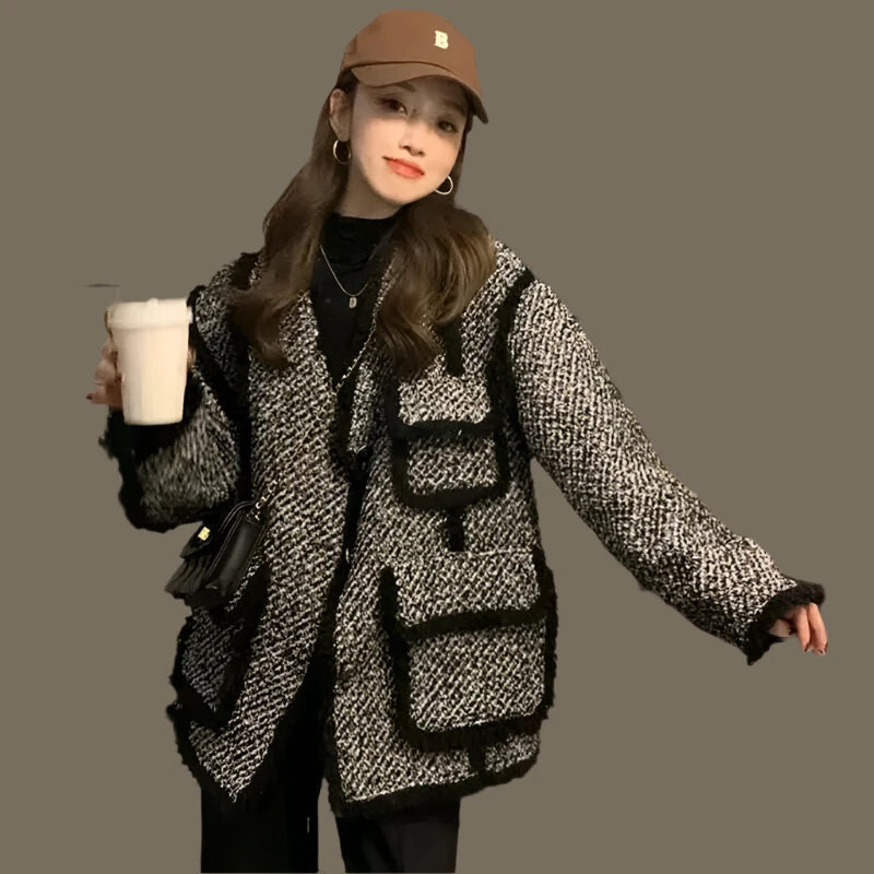 KIMLUD, MEXZT Vintage Tweed Jackets Women Black Patchwork Thick Coats Korean Elegant Wool Blends Winter Streetwear Casual Outerwear Tops, black / S, KIMLUD APPAREL - Womens Clothes