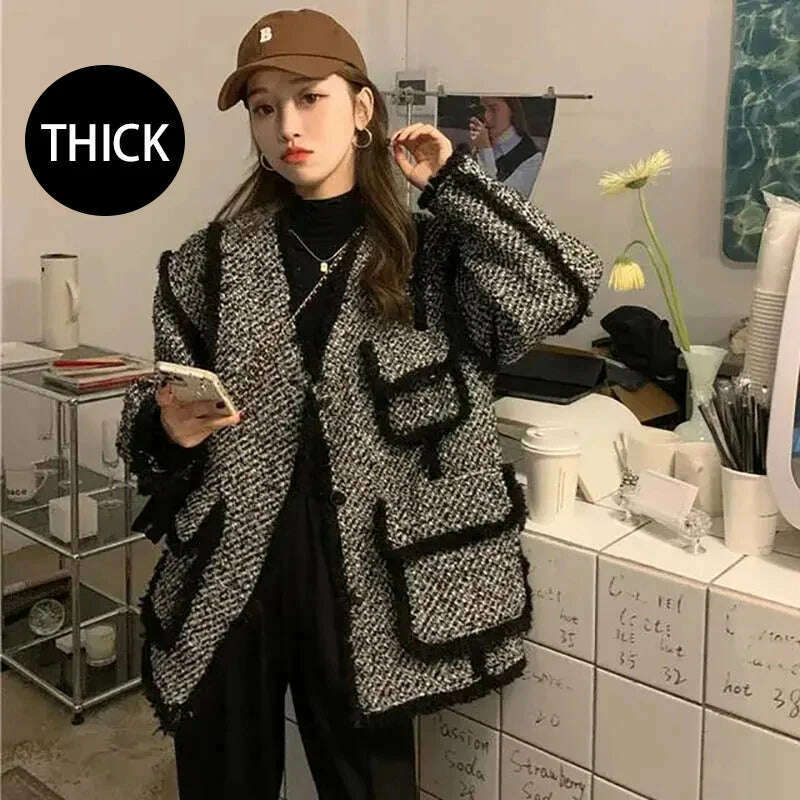 KIMLUD, MEXZT Vintage Tweed Jackets Women Black Patchwork Thick Coats Korean Elegant Wool Blends Winter Streetwear Casual Outerwear Tops, Black Thick / S, KIMLUD Womens Clothes