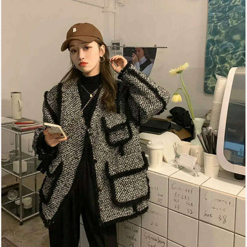 KIMLUD, MEXZT Vintage Tweed Jackets Women Black Patchwork Thick Coats Korean Elegant Wool Blends Winter Streetwear Casual Outerwear Tops, KIMLUD Womens Clothes