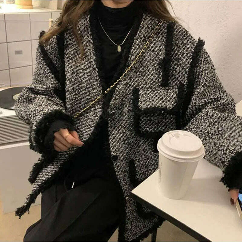 KIMLUD, MEXZT Vintage Tweed Jackets Women Black Patchwork Thick Coats Korean Elegant Wool Blends Winter Streetwear Casual Outerwear Tops, KIMLUD Womens Clothes