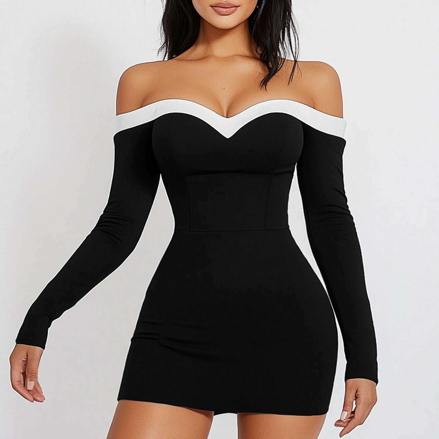 KIMLUD, Mia Muse Women'S Dresses All Seasons French Sexy Decent Solid Color Off Shoulder Sweetheart Neck Party Mini Dresses, Black / L, KIMLUD APPAREL - Womens Clothes