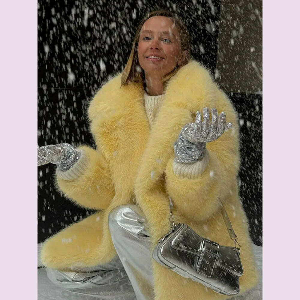 KIMLUD, Mid-Length Women's Fur Coat Suit Collar Loose Imitation Fox Fur Plush Coats Warm Soft Thickened Winter Socialite Fur Overcoat, KIMLUD Womens Clothes