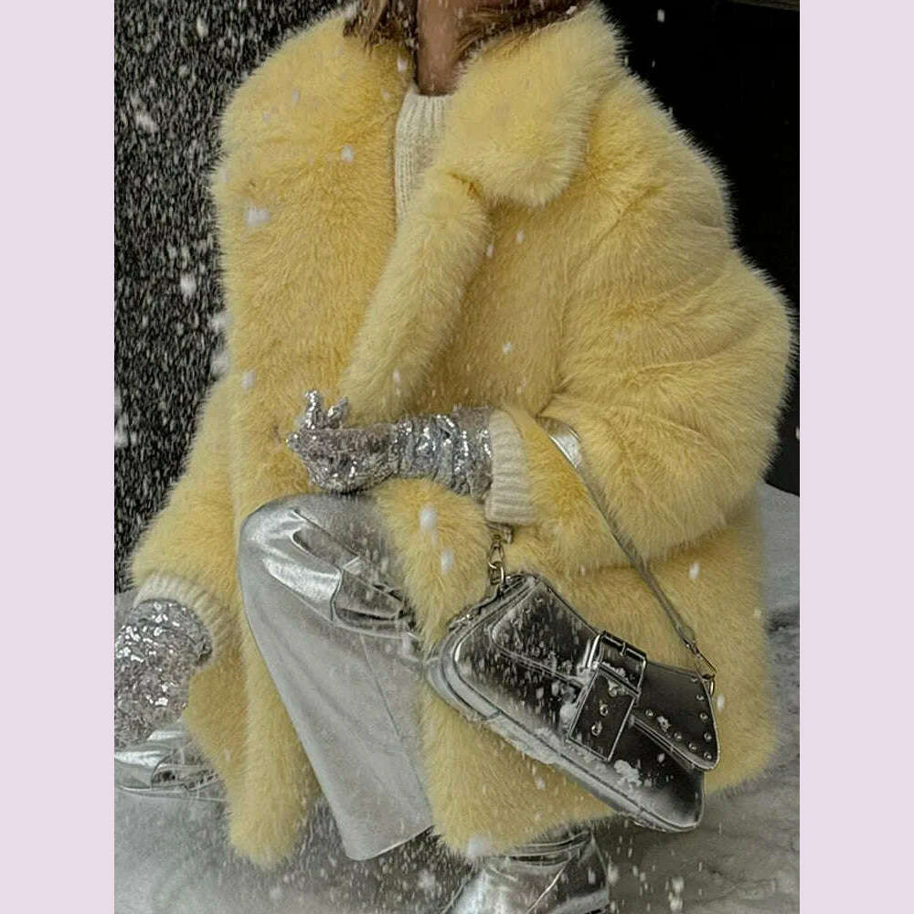 KIMLUD, Mid-Length Women's Fur Coat Suit Collar Loose Imitation Fox Fur Plush Coats Warm Soft Thickened Winter Socialite Fur Overcoat, KIMLUD Womens Clothes