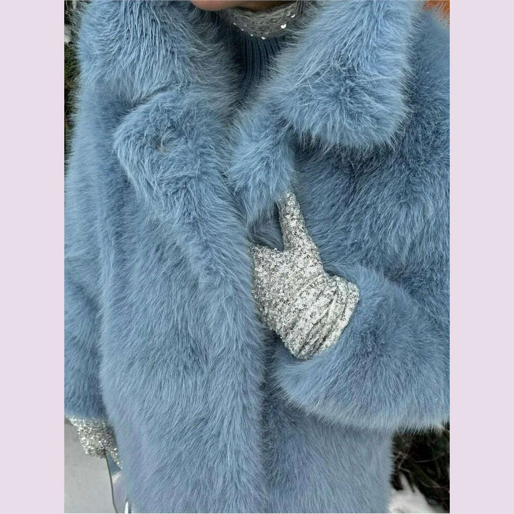 KIMLUD, Mid-Length Women's Fur Coat Suit Collar Loose Imitation Fox Fur Plush Coats Warm Soft Thickened Winter Socialite Fur Overcoat, KIMLUD Womens Clothes