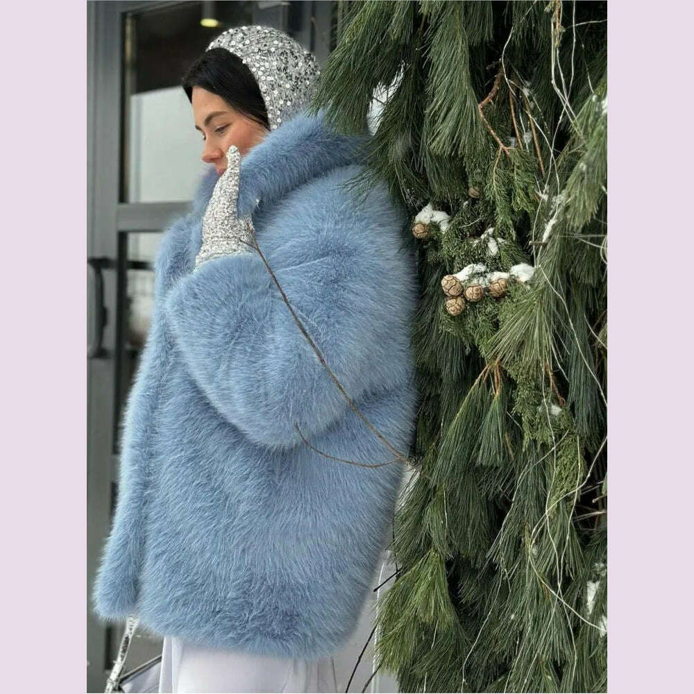 KIMLUD, Mid-Length Women's Fur Coat Suit Collar Loose Imitation Fox Fur Plush Coats Warm Soft Thickened Winter Socialite Fur Overcoat, KIMLUD Womens Clothes