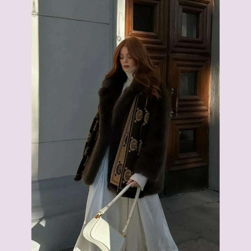 KIMLUD, Mid-Length Women's Fur Coat Suit Collar Loose Imitation Fox Fur Plush Coats Warm Soft Thickened Winter Socialite Fur Overcoat, KIMLUD Womens Clothes