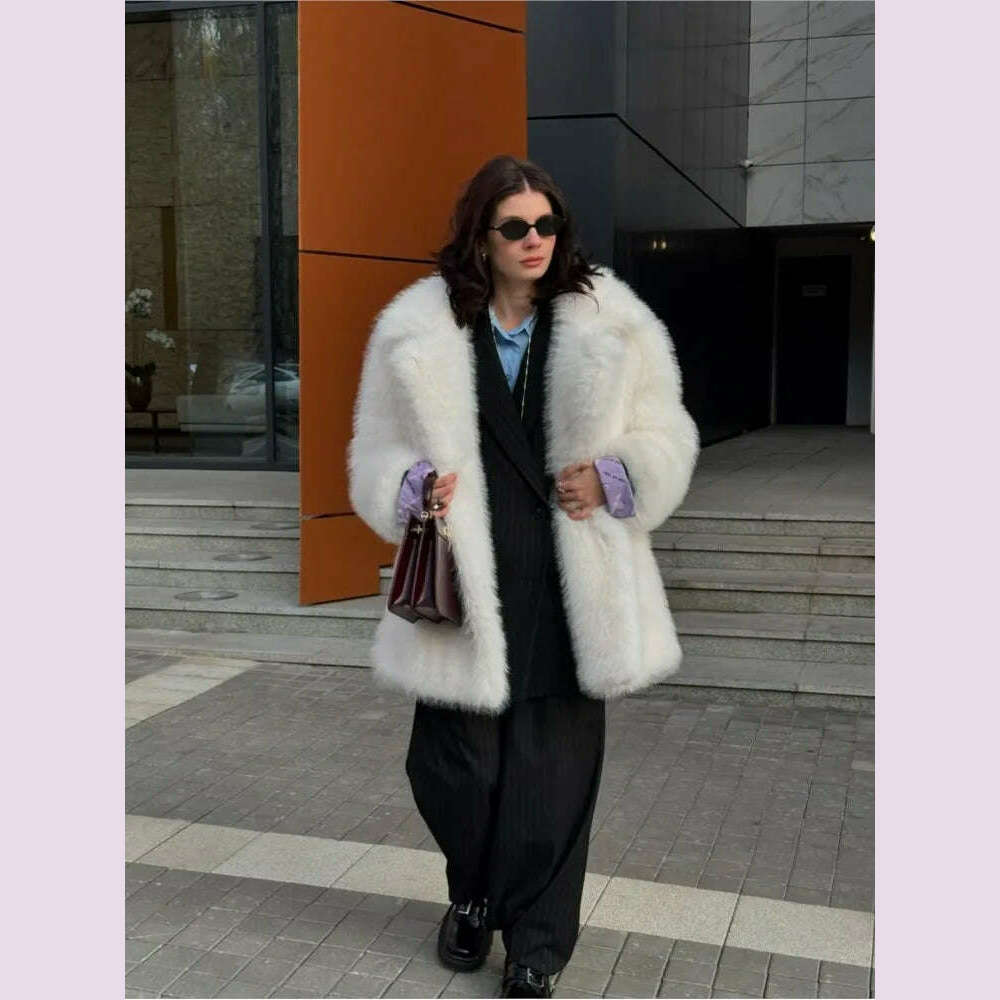KIMLUD, Mid-Length Women's Fur Coat Suit Collar Loose Imitation Fox Fur Plush Coats Warm Soft Thickened Winter Socialite Fur Overcoat, KIMLUD Womens Clothes