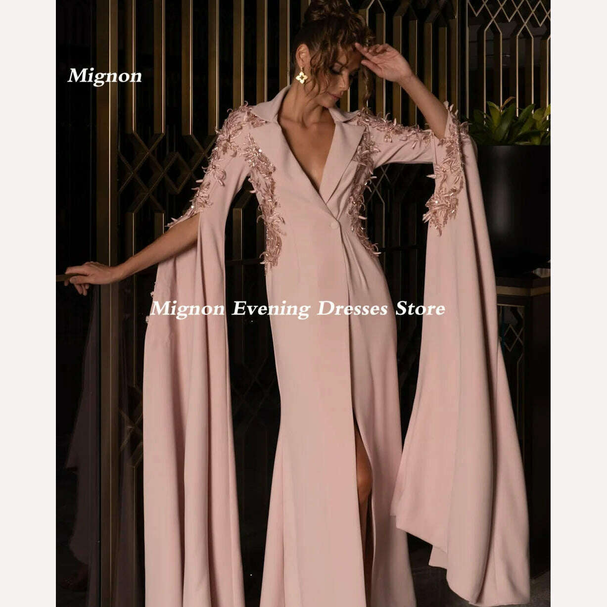 KIMLUD, Mignon Satin A-line V-neck Ruffle Feathers Prom Gown Sequins Ankle-length Formal Elegant Evening Party Dress for Women 2023, Pink / 2 / China, KIMLUD APPAREL - Womens Clothes