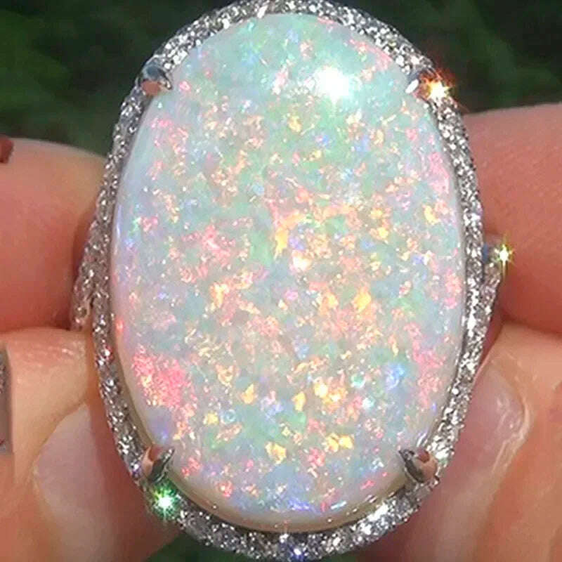 KIMLUD, Milangirl Large Oval Fire Opal Rings for Women Fashion Jewelry White Moonstone Bright Color S for Women Wedding Engagement, KIMLUD Womens Clothes