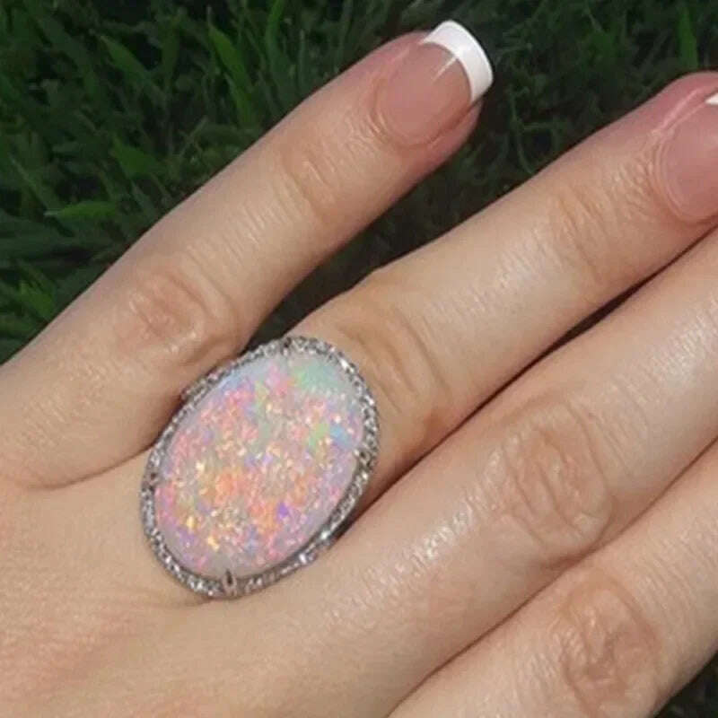 KIMLUD, Milangirl Large Oval Fire Opal Rings for Women Fashion Jewelry White Moonstone Bright Color S for Women Wedding Engagement, 6 / CR6384, KIMLUD APPAREL - Womens Clothes