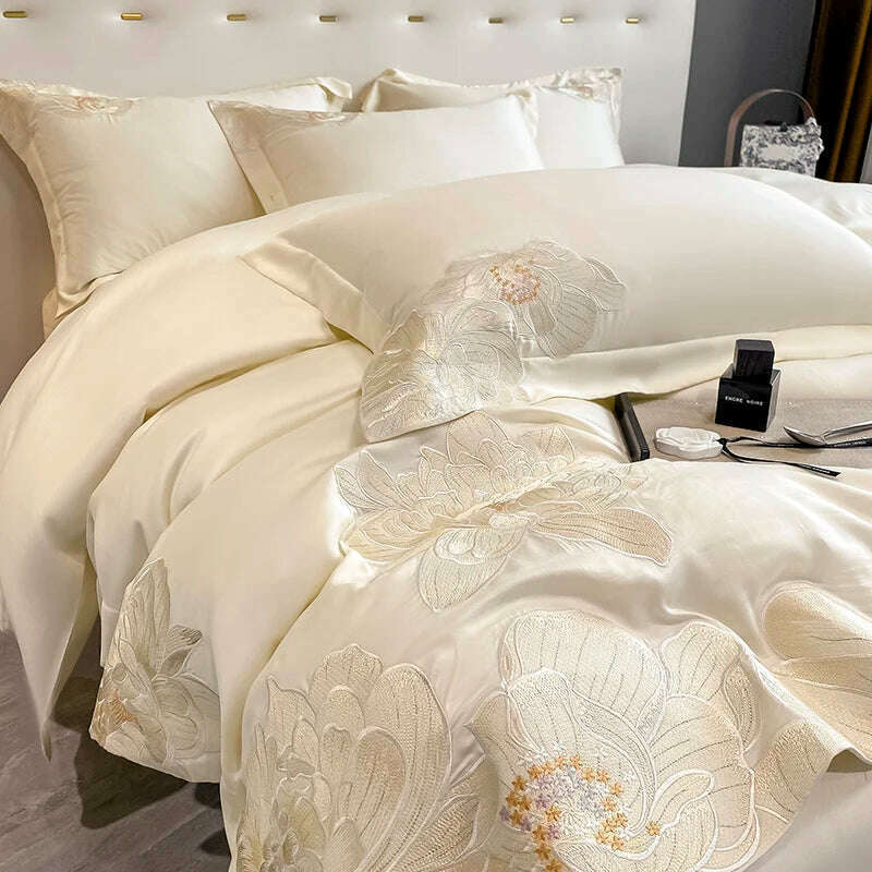 Milkshake White 600TC Egyptian Cotton Flowers Embroidery Bedding Set 100% Cotton Duvet Cover Set Bed Sheet Pillowcase Queen King - KIMLUD