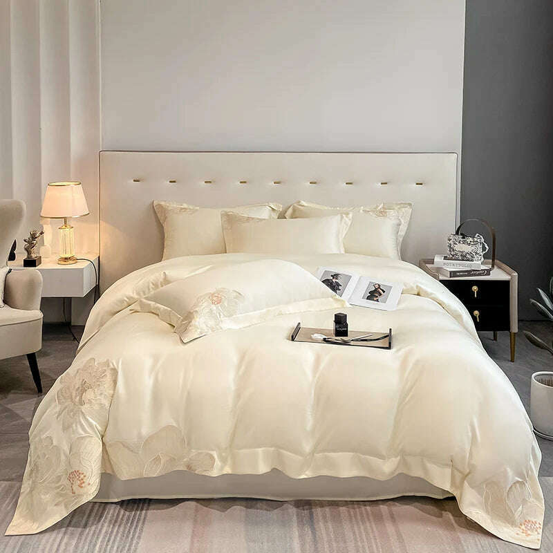 Milkshake White 600TC Egyptian Cotton Flowers Embroidery Bedding Set 100% Cotton Duvet Cover Set Bed Sheet Pillowcase Queen King - KIMLUD