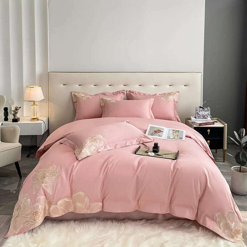 Milkshake White 600TC Egyptian Cotton Flowers Embroidery Bedding Set 100% Cotton Duvet Cover Set Bed Sheet Pillowcase Queen King - KIMLUD