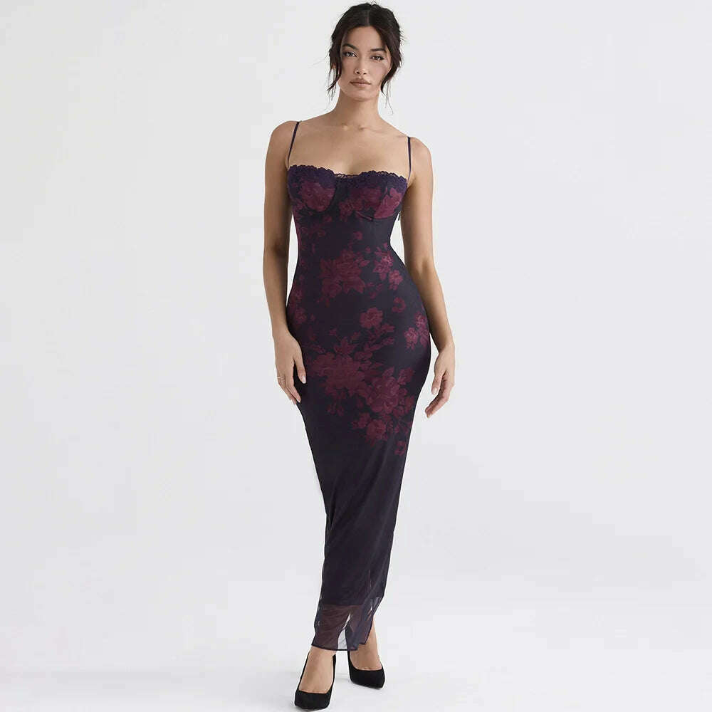 Mingmingxi Spaghetti Strap Floral Print Maxi Prom Dress Sexy Mesh Bride Wedding Guest Dress Women Evening Party Dresses Slim - KIMLUD