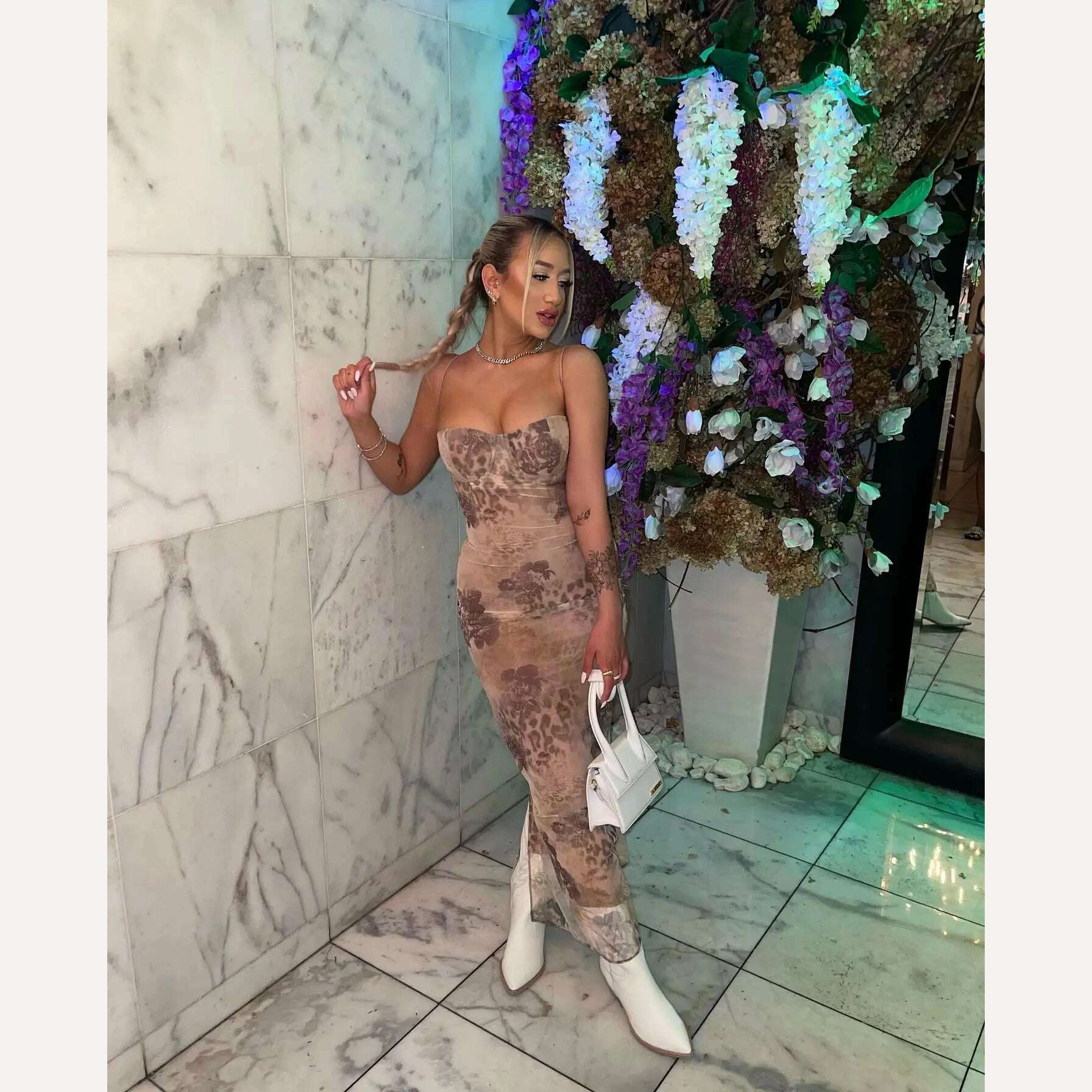 Mingmingxi Spaghetti Strap Floral Print Maxi Prom Dress Sexy Mesh Bride Wedding Guest Dress Women Evening Party Dresses Slim - KIMLUD