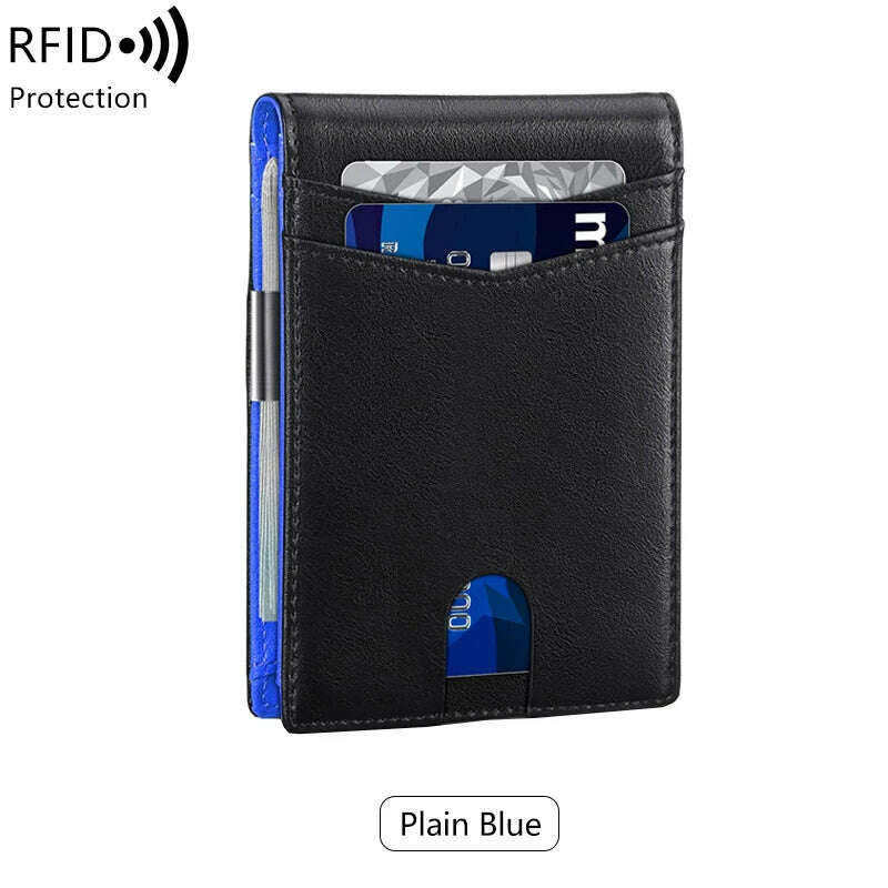 KIMLUD, Minimalist men's RFID blocking multi-functional ultra-thin 12-card wallet, front pocket bi-fold solid color portable card holder, QB337-plainblue, KIMLUD Womens Clothes