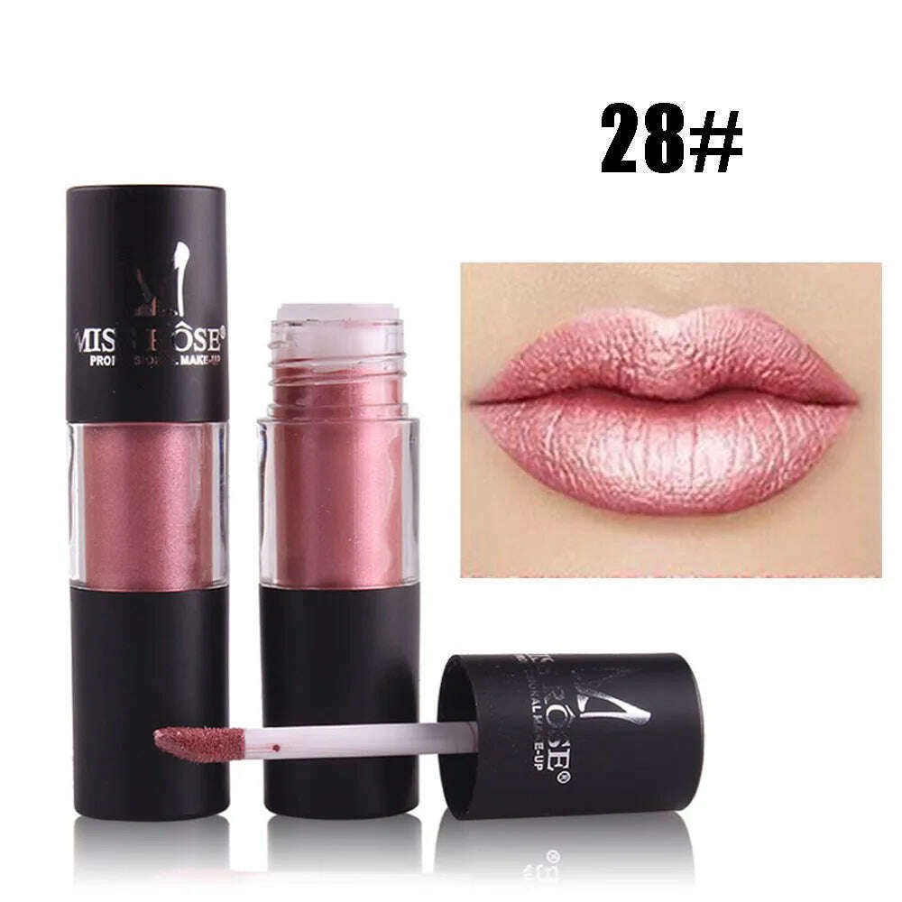 KIMLUD, Miss Rose brand makeup metallic lip gloss 12 colors shiny shimmer lip tint waterproof long lasting brown liquid lipstick MS106, KIMLUD Womens Clothes