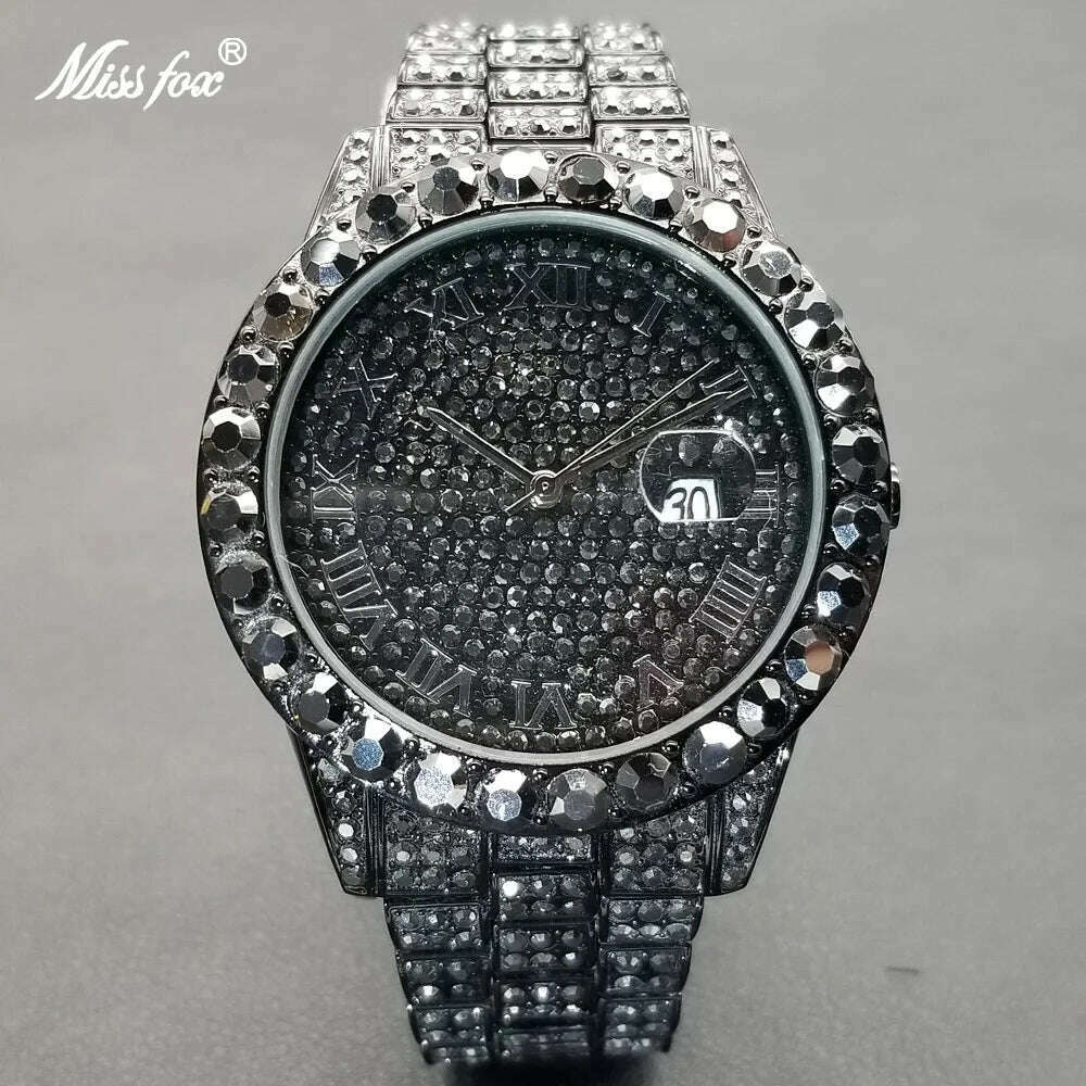 MISSFOX Hip Hop Men Watches Brand Luxury Roman Ice Out Automatic Date Male Wristwatch Full Diamond Waterproof Luminous Watch New - KIMLUD