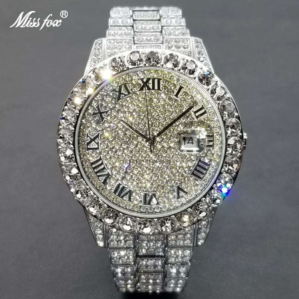 MISSFOX Hip Hop Men Watches Brand Luxury Roman Ice Out Automatic Date Male Wristwatch Full Diamond Waterproof Luminous Watch New - KIMLUD