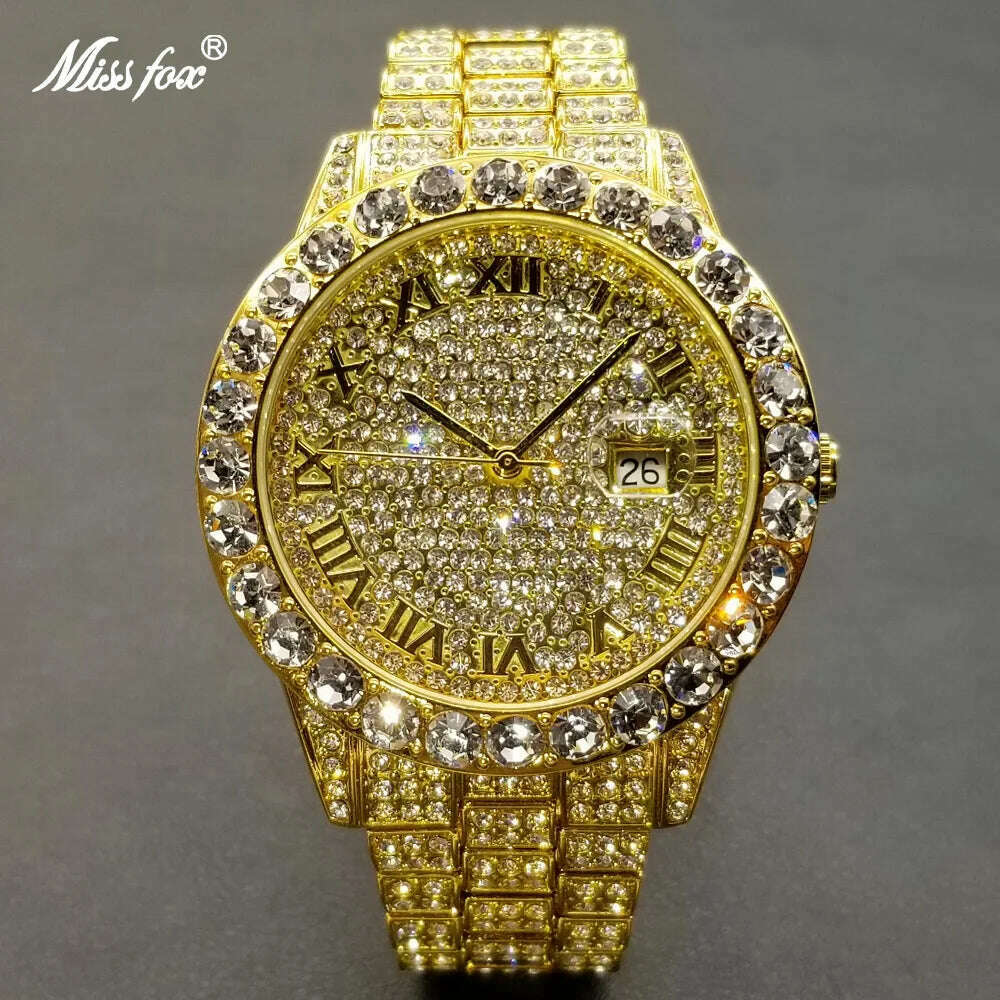 MISSFOX Hip Hop Men Watches Brand Luxury Roman Ice Out Automatic Date Male Wristwatch Full Diamond Waterproof Luminous Watch New - KIMLUD