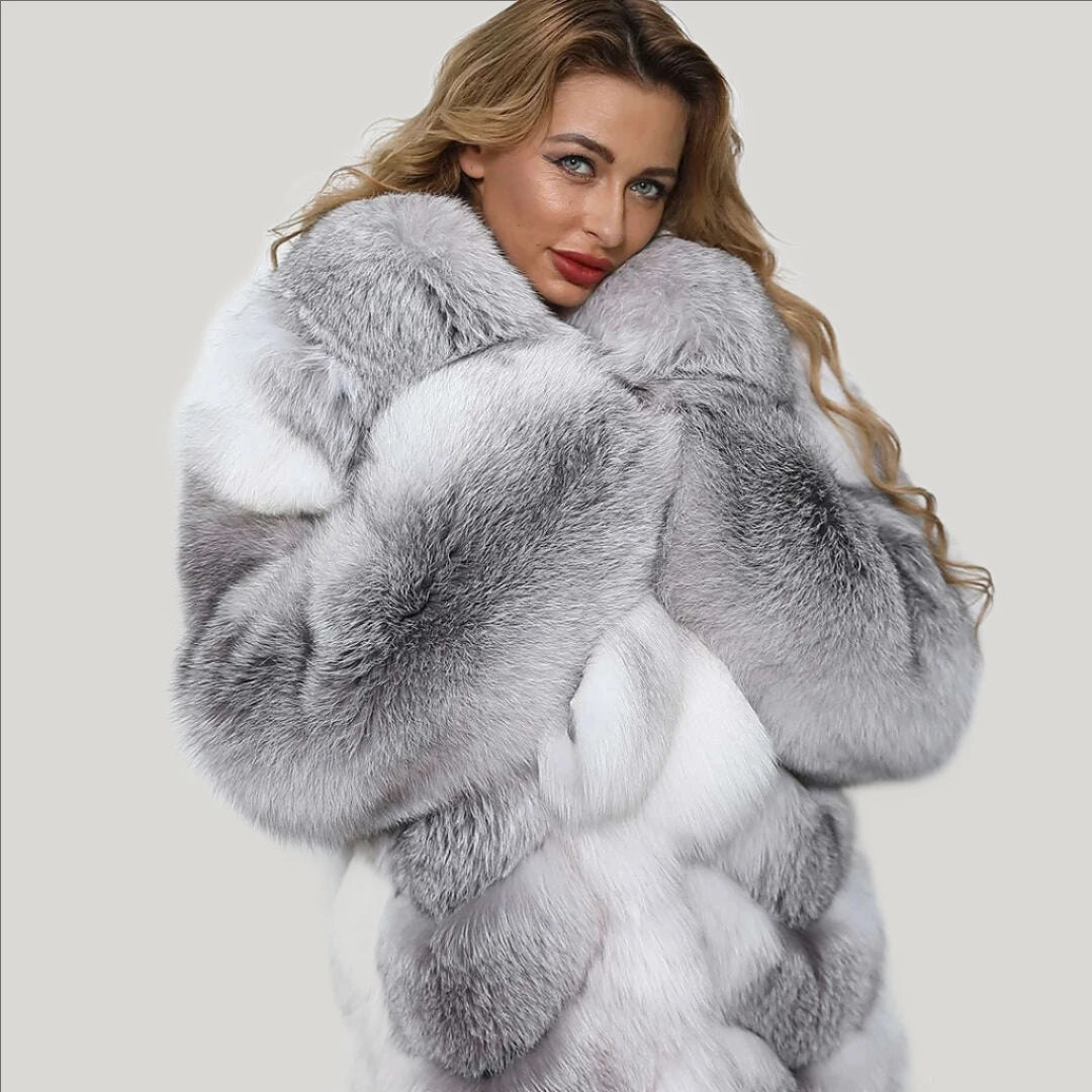 KIMLUD, MISSJANEFUR 2022 Luxury Crystal Fox Fur Coat Women Long over the Knee Warm Real Fur Overcoat Winter Women Outwear Natual Fur, KIMLUD Womens Clothes