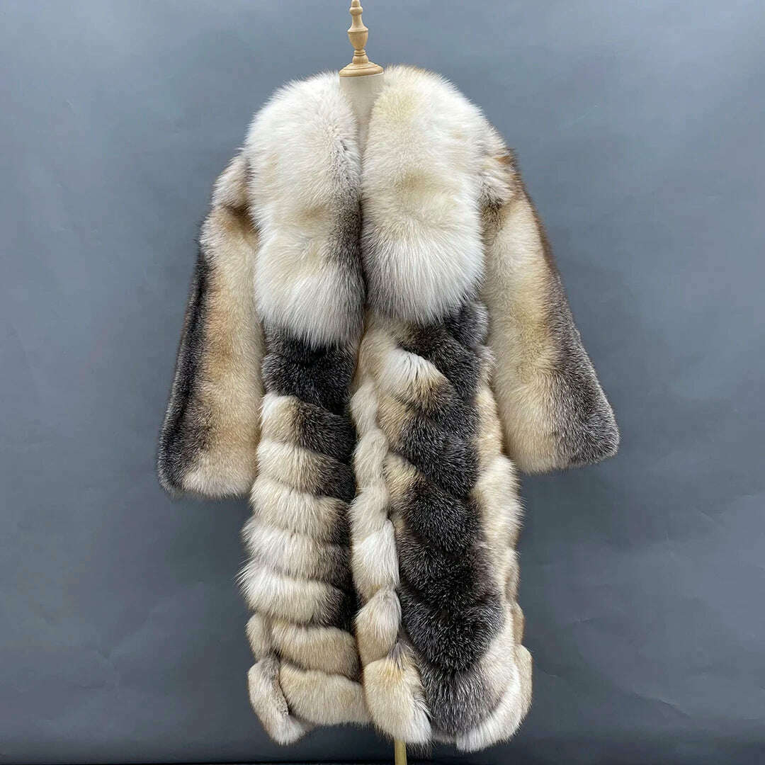 KIMLUD, MISSJANEFUR 2022 Luxury Crystal Fox Fur Coat Women Long over the Knee Warm Real Fur Overcoat Winter Women Outwear Natual Fur, gold island fox / S(bust 100cm), KIMLUD Womens Clothes