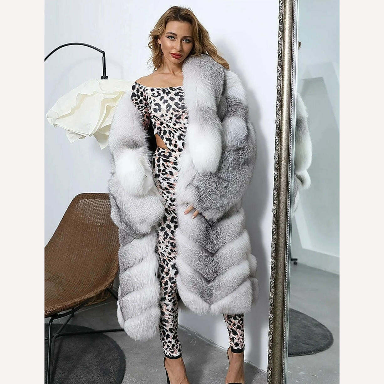 KIMLUD, MISSJANEFUR 2022 Luxury Crystal Fox Fur Coat Women Long over the Knee Warm Real Fur Overcoat Winter Women Outwear Natual Fur, silver fox / S(bust 100cm), KIMLUD Womens Clothes