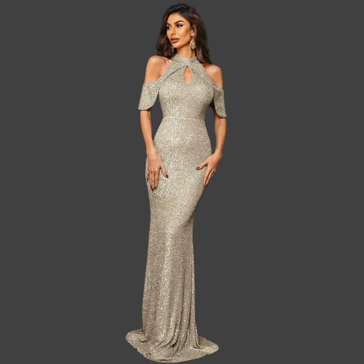 Missord Rose Gold Sequin Evening Dresses Women Elegant High Collar Raglan Sleeve Cut-Out Bodycon Maxi Party Dress Long Prom Gown - KIMLUD