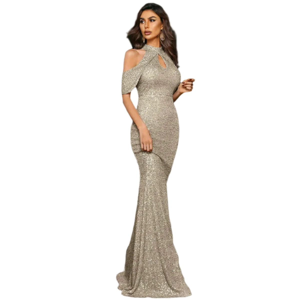 Missord Rose Gold Sequin Evening Dresses Women Elegant High Collar Raglan Sleeve Cut-Out Bodycon Maxi Party Dress Long Prom Gown - KIMLUD