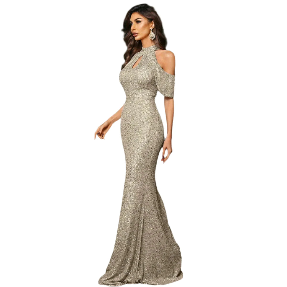 Missord Rose Gold Sequin Evening Dresses Women Elegant High Collar Raglan Sleeve Cut-Out Bodycon Maxi Party Dress Long Prom Gown - KIMLUD