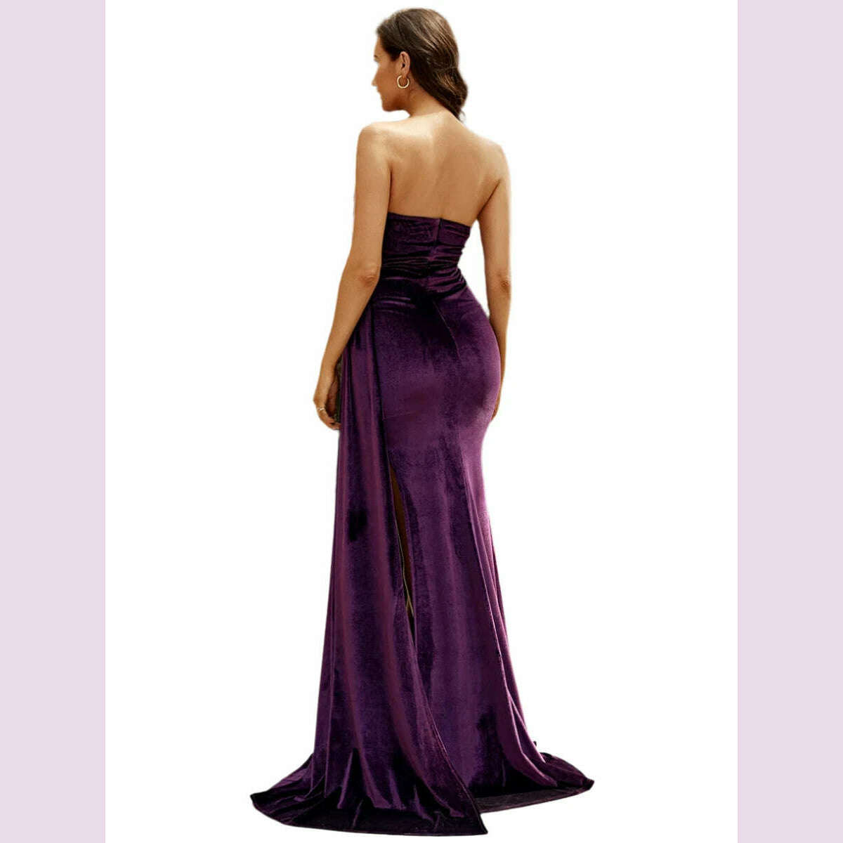 Missord Women Purple Velvet Prom Dress Elegant Strapless Ruched Thigh Split Draped Wedding Party Evening Dresses Long Gown - KIMLUD