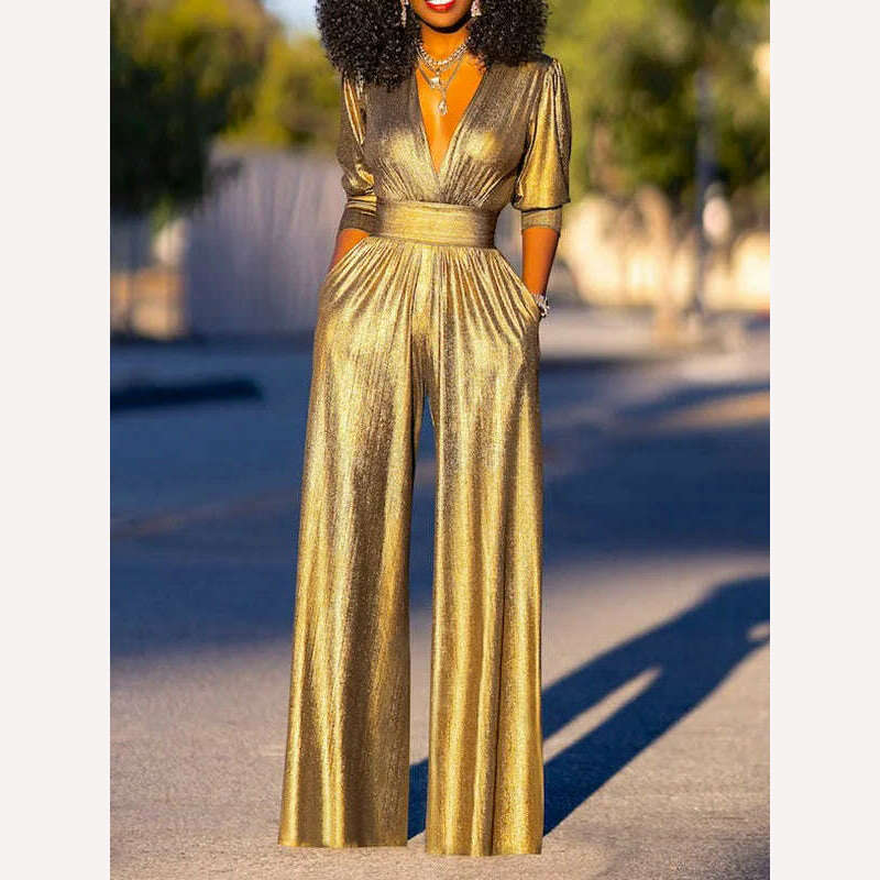 Missuoo 2024 Summer New Women's Solid Color Streetwear Jumpsuit Deep V-neck Half Sleeve High Waist Wide Leg Overalls Suits - KIMLUD