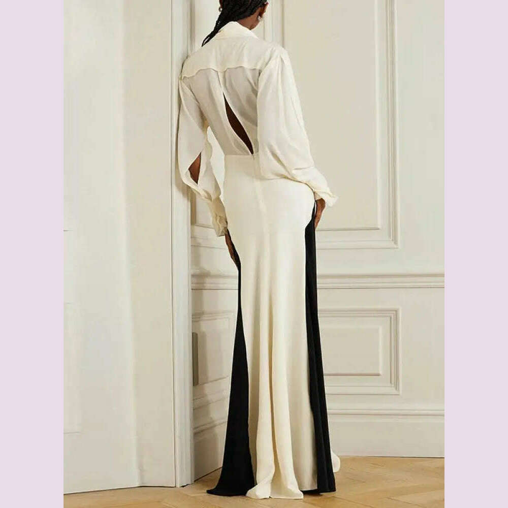 KIMLUD, Missuoo Women Dress Black and White Elegant Evening Dresses Deep V-neck Long Sleeve Thin Maxi Dress Summer Fashion Pleated Dress, KIMLUD Womens Clothes