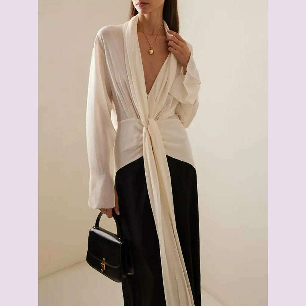 KIMLUD, Missuoo Women Dress Black and White Elegant Evening Dresses Deep V-neck Long Sleeve Thin Maxi Dress Summer Fashion Pleated Dress, KIMLUD Womens Clothes