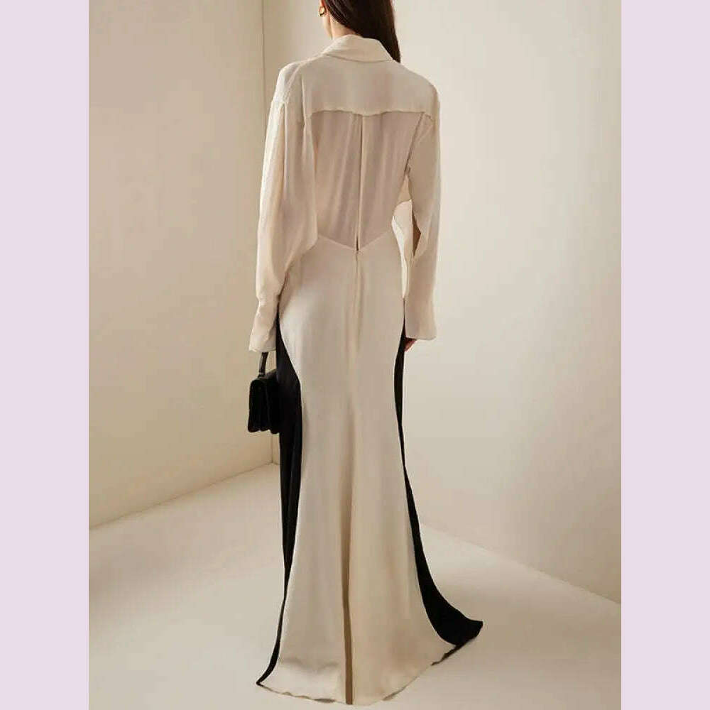 KIMLUD, Missuoo Women Dress Black and White Elegant Evening Dresses Deep V-neck Long Sleeve Thin Maxi Dress Summer Fashion Pleated Dress, KIMLUD Womens Clothes