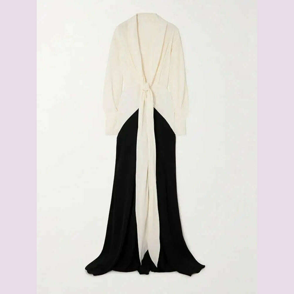 KIMLUD, Missuoo Women Dress Black and White Elegant Evening Dresses Deep V-neck Long Sleeve Thin Maxi Dress Summer Fashion Pleated Dress, KIMLUD Womens Clothes