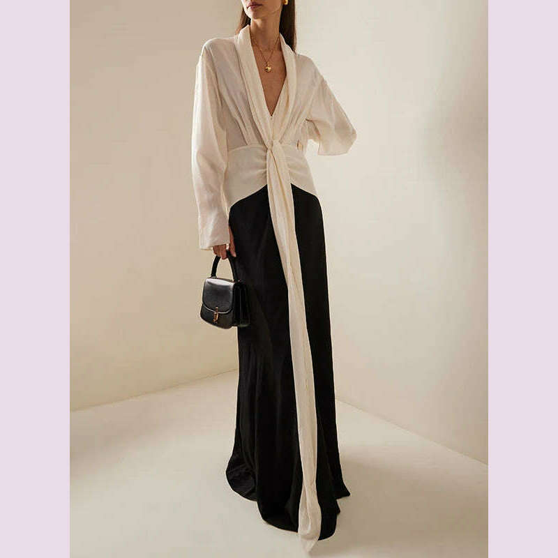 KIMLUD, Missuoo Women Dress Black and White Elegant Evening Dresses Deep V-neck Long Sleeve Thin Maxi Dress Summer Fashion Pleated Dress, Black White / L, KIMLUD APPAREL - Womens Clothes