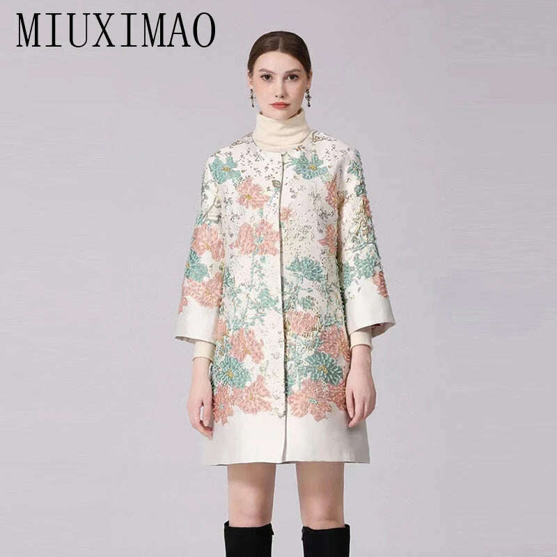 KIMLUD, MIUXIMAO 2022 High Quality Autumn&Winter Elegant Coat Diamond Coat O-Neck Single Breasted Embroidery Fashion Coat Women Vestide, KIMLUD Womens Clothes