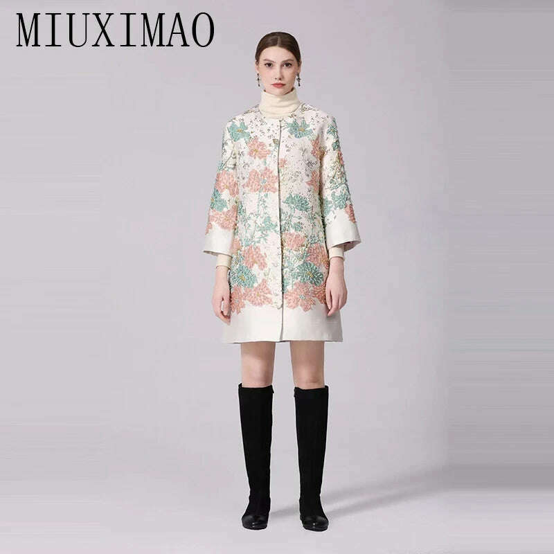 KIMLUD, MIUXIMAO 2022 High Quality Autumn&Winter Elegant Coat Diamond Coat O-Neck Single Breasted Embroidery Fashion Coat Women Vestide, Beige / S, KIMLUD APPAREL - Womens Clothes