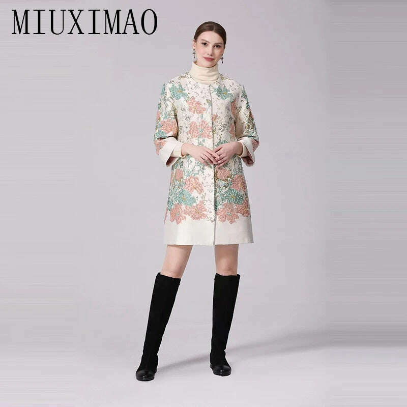 KIMLUD, MIUXIMAO 2022 High Quality Autumn&Winter Elegant Coat Diamond Coat O-Neck Single Breasted Embroidery Fashion Coat Women Vestide, KIMLUD Womens Clothes