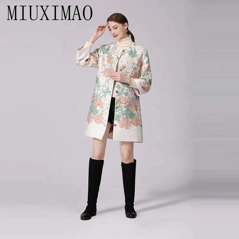 KIMLUD, MIUXIMAO 2022 High Quality Autumn&Winter Elegant Coat Diamond Coat O-Neck Single Breasted Embroidery Fashion Coat Women Vestide, KIMLUD Womens Clothes