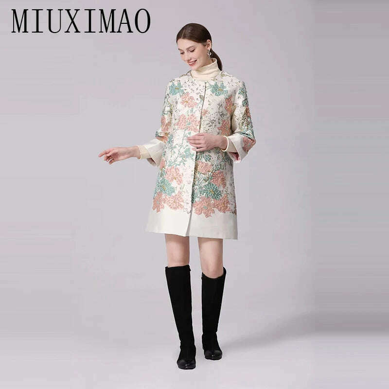 KIMLUD, MIUXIMAO 2022 High Quality Autumn&Winter Elegant Coat Diamond Coat O-Neck Single Breasted Embroidery Fashion Coat Women Vestide, KIMLUD Womens Clothes