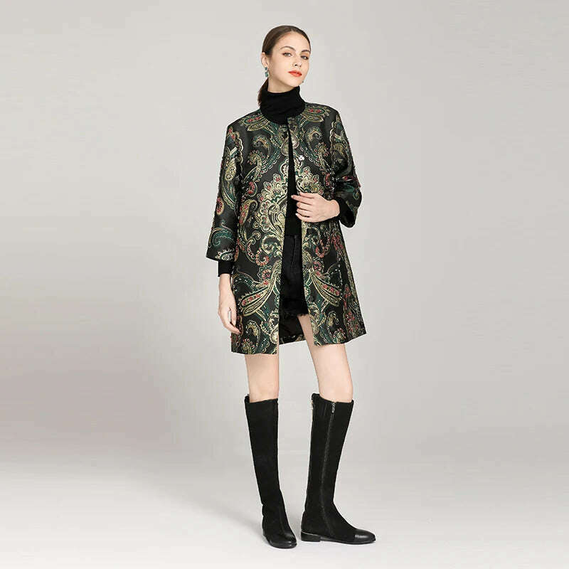 KIMLUD, MIUXIMAO 2022 New Autumn Women Jacket O-Neck Long Sleeve Hand Beaded Flower Fashion Elegant Court Style Long Coat Vestidos, KIMLUD Womens Clothes