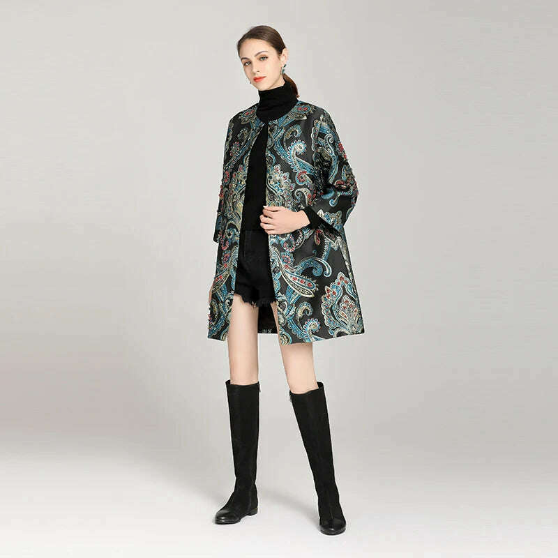 KIMLUD, MIUXIMAO 2022 New Autumn Women Jacket O-Neck Long Sleeve Hand Beaded Flower Fashion Elegant Court Style Long Coat Vestidos, KIMLUD Womens Clothes