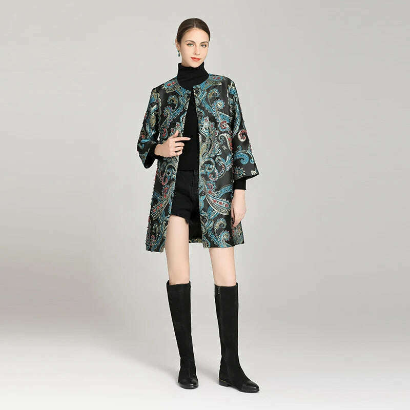 KIMLUD, MIUXIMAO 2022 New Autumn Women Jacket O-Neck Long Sleeve Hand Beaded Flower Fashion Elegant Court Style Long Coat Vestidos, KIMLUD Womens Clothes