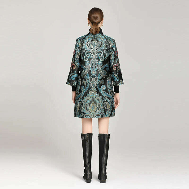 KIMLUD, MIUXIMAO 2022 New Autumn Women Jacket O-Neck Long Sleeve Hand Beaded Flower Fashion Elegant Court Style Long Coat Vestidos, KIMLUD Womens Clothes