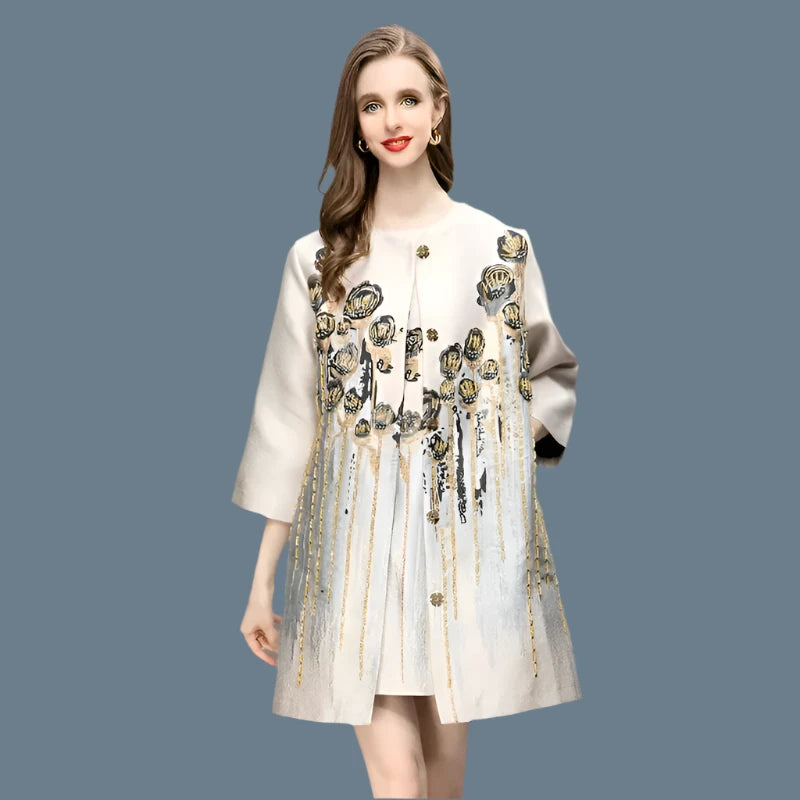 KIMLUD, MIUXIMAO 2023 Autumn&Winter Jacket Women Elegant Diamonds Coat O-Neck Single Breasted Black Flower Fashion Jackets for Women, black / S, KIMLUD APPAREL - Womens Clothes