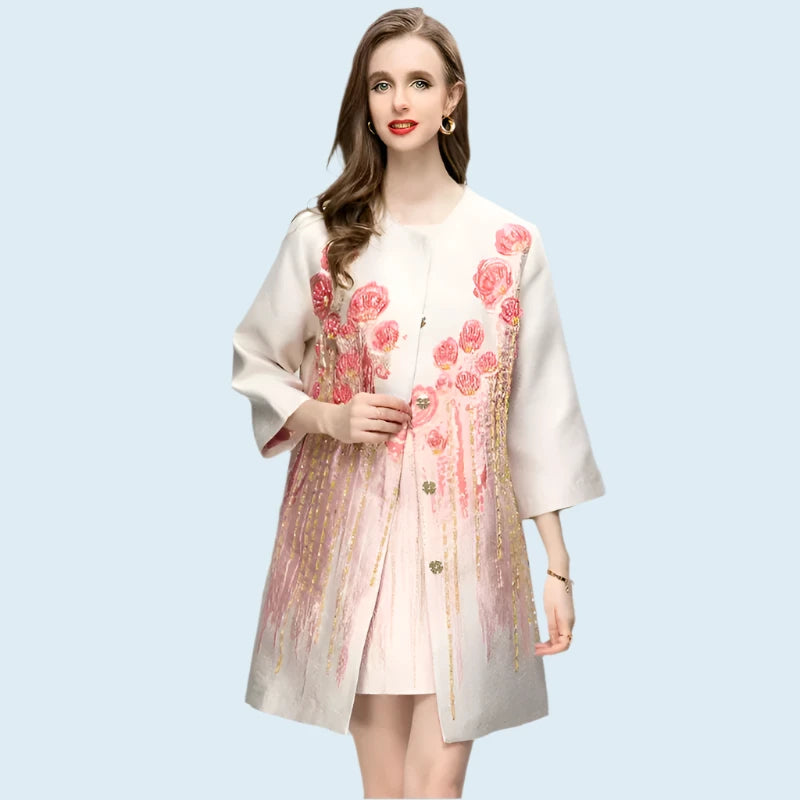 KIMLUD, MIUXIMAO 2023 Autumn&Winter Jacket Women Elegant Diamonds Coat O-Neck Single Breasted Black Flower Fashion Jackets for Women, KIMLUD Womens Clothes