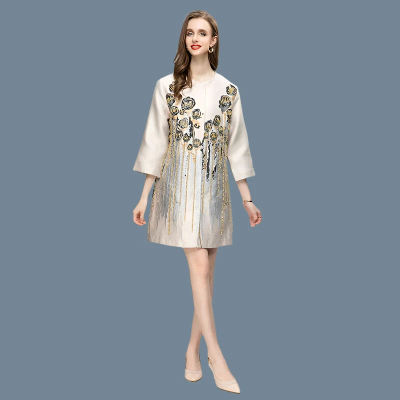 KIMLUD, MIUXIMAO 2023 Autumn&Winter Jacket Women Elegant Diamonds Coat O-Neck Single Breasted Black Flower Fashion Jackets for Women, KIMLUD Womens Clothes