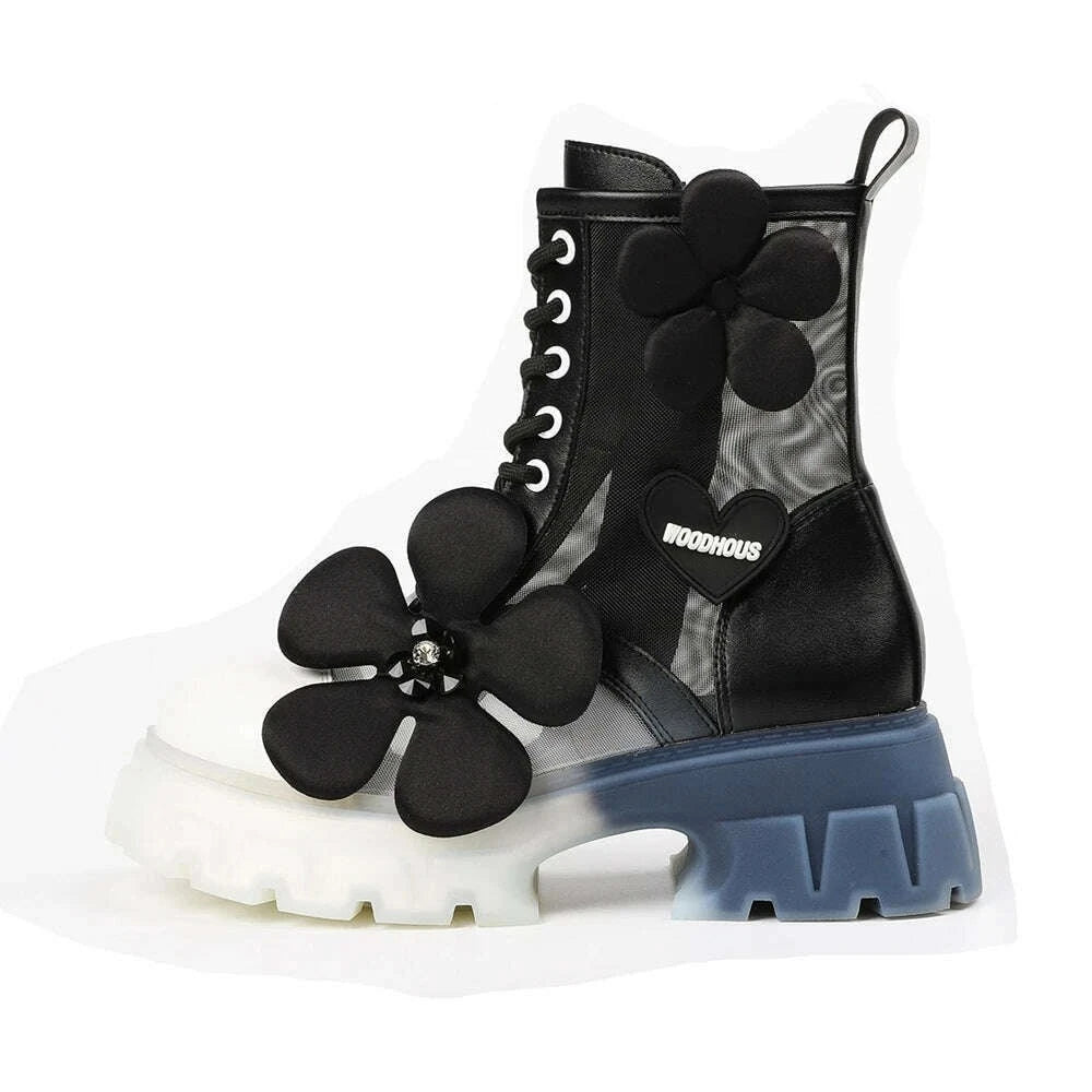 KIMLUD, Mixed Color Air Mesh EVA Flower Thick Bottom Boots Round Toe Lace Up Side Zipper Mid Calf Boots New Year Christmas Wild Shoes, KIMLUD Womens ClothesKIMLUD, Mixed Color Air Mesh EVA Flower Thick Bottom Boots Round Toe Lace Up Side Zipper Mid Calf Boots New Year Christmas Wild Shoes, As picture / 35, KIMLUD APPAREL - Womens Clothes